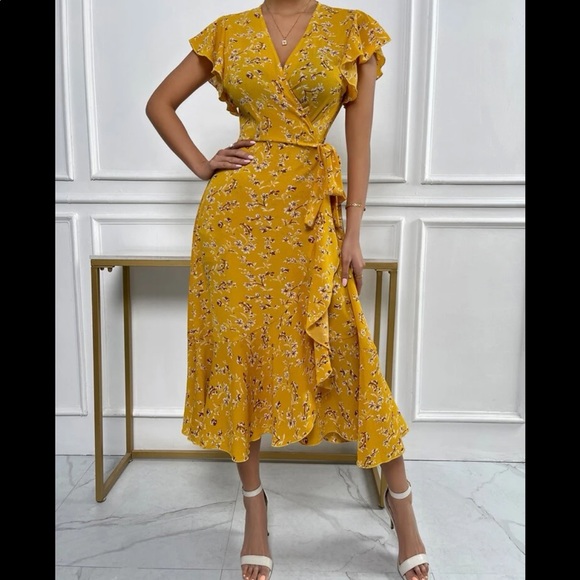 Boho Floral Print Butterfly Sleeve Dress Mustard Yellow - Picture 4 of 13